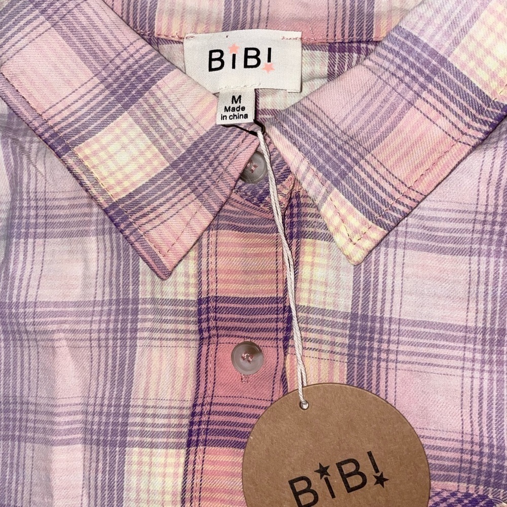 NWT BIBI Plaid Button Down Shirt Women’s Medium Bleached Oversized Pink Grunge - Picture 5 of 7